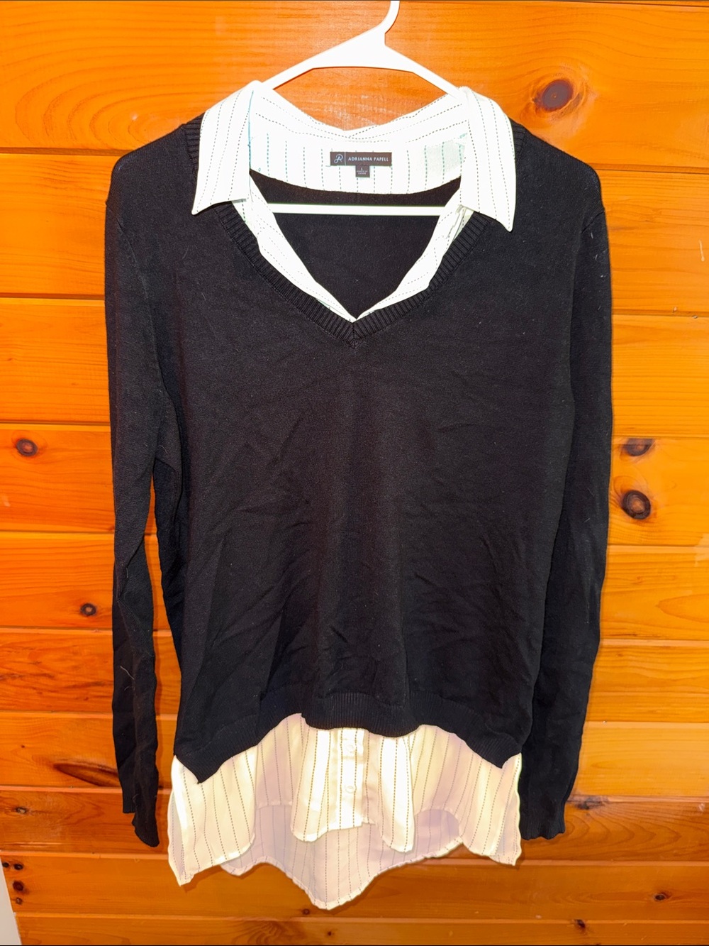 Adrianna Papell Black V-Neck Sweater with White Shirt-Layer